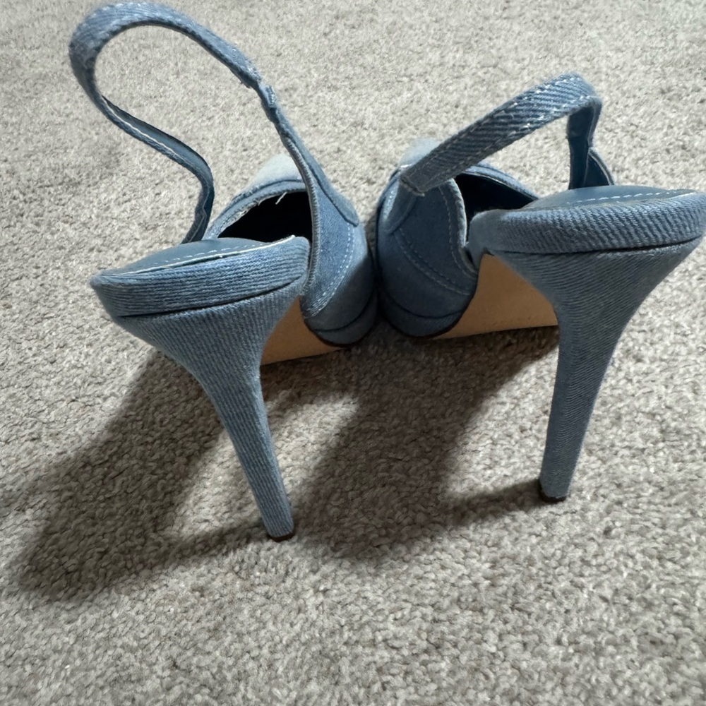 Pointed-Toe Denim Slingback Heels - Blue - Picture 4 of 6